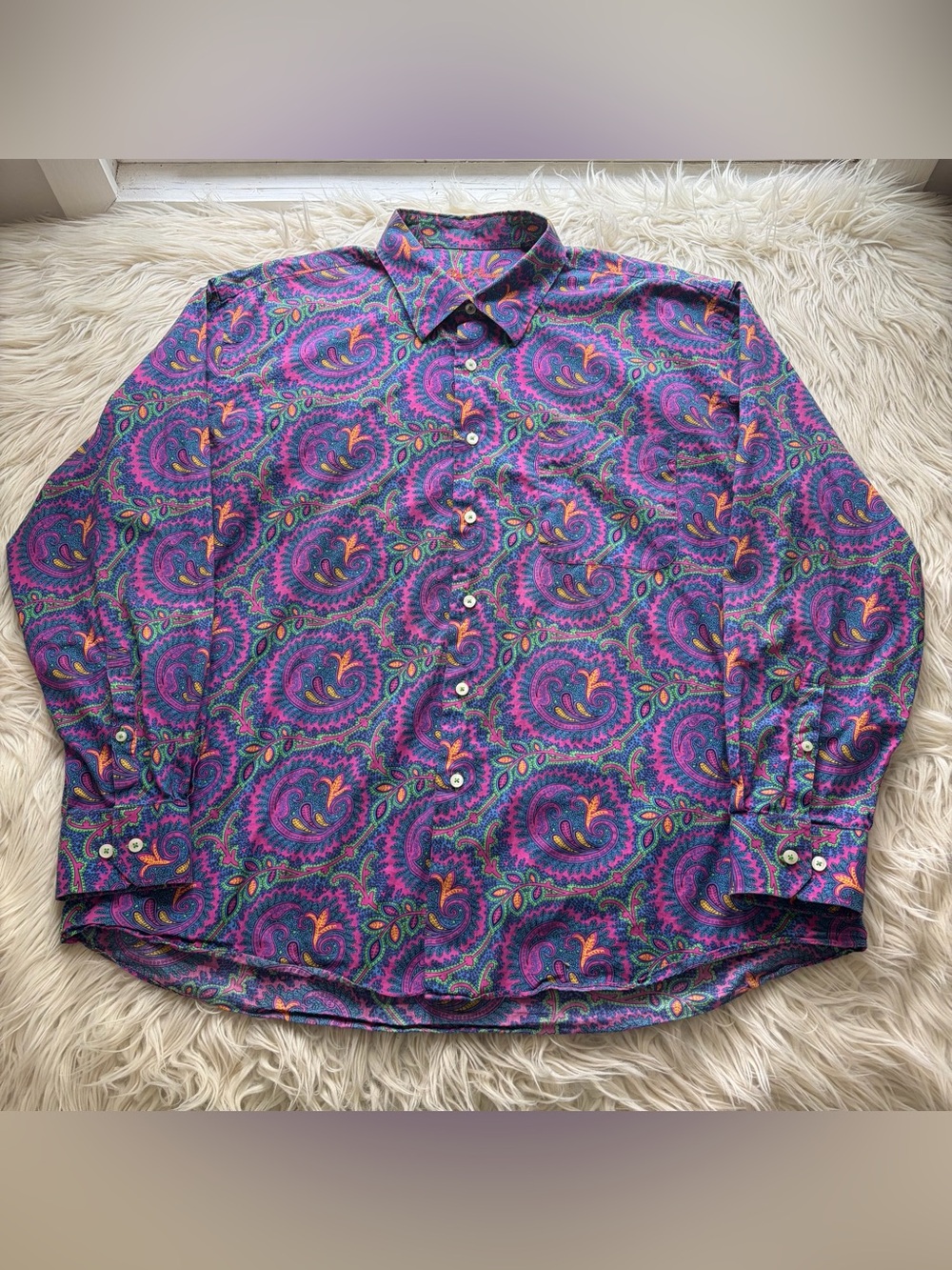 Alan Flusser Men XXL Paisley Button Down Shirt Colorful 100% Cotton Long Sleeve